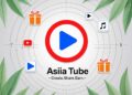Asiia Tube logo centered with icons for posts, short videos, long videos, and gifting, symbolizing a global content platform