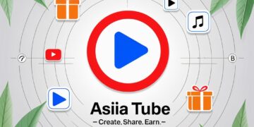 Asiia Tube logo centered with icons for posts, short videos, long videos, and gifting, symbolizing a global content platform