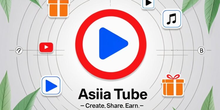 Asiia Tube logo centered with icons for posts, short videos, long videos, and gifting, symbolizing a global content platform