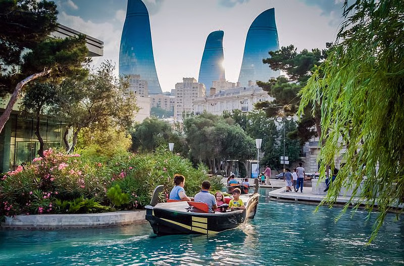 Baku cityscape with Flame Towers and Caspian Sea view – top travel destination for UAE residents with visa on arrival or eVisa.