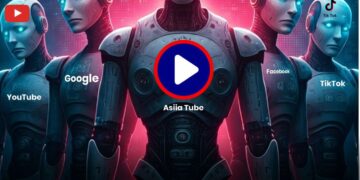 A group of five futuristic robots standing together. The central robot, glowing and confident, has the Asiia Tube logo on its head, while the surrounding sad robots display the logos of YouTube, Google, Facebook, and TikTok. A bold caption reads: "Old Rules Broken, New Game Begins.