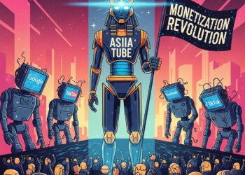 A glowing robot labeled Asiia Tube stands confidently in the center of a digital battlefield, while older robots labeled Google, YouTube, Facebook, and TikTok look stressed and outdated.