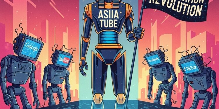 A glowing robot labeled Asiia Tube stands confidently in the center of a digital battlefield, while older robots labeled Google, YouTube, Facebook, and TikTok look stressed and outdated.
