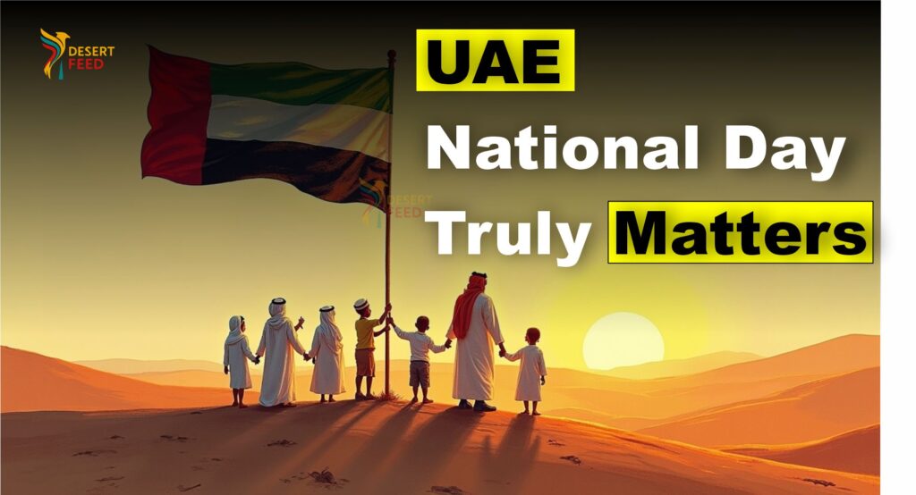 Emirati citizens raising the UAE flag during National Day at sunset